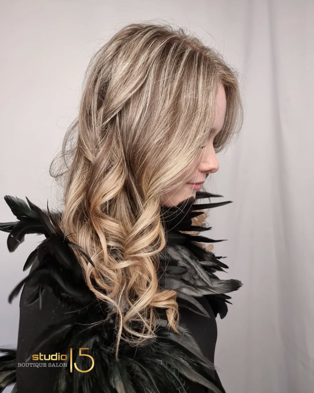 Ash blonde balayage with soft curls at Studio 15 boutique salon Waipapa Northland