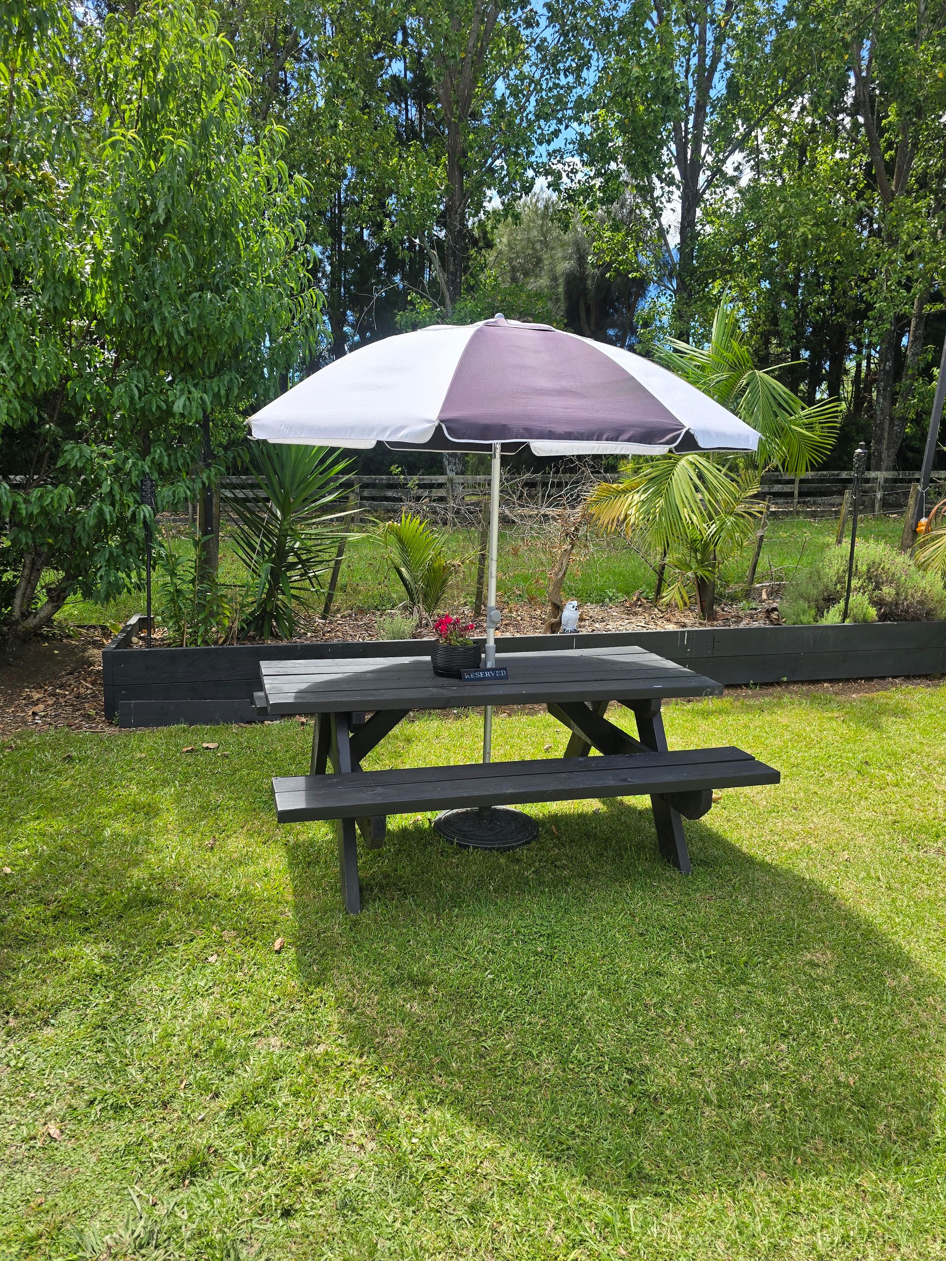 Outdoor picnic table with umbrella in garden setting at Studio 15 boutique hair salon Waipapa Kerikeri Northland