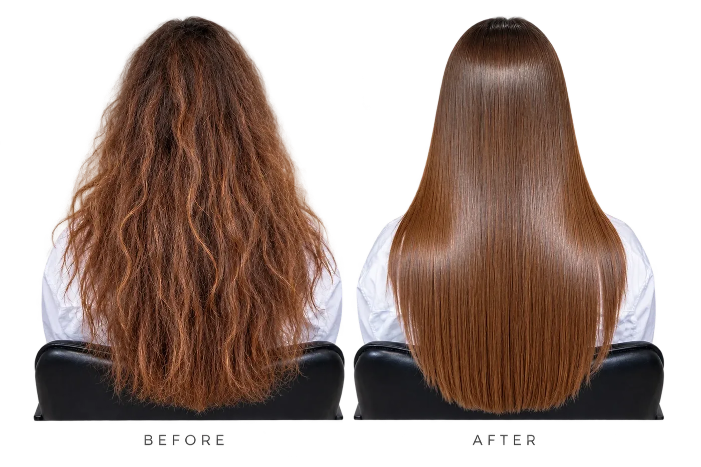 Nanoplasty before and after at Studio 15, frizzy wavy hair smoothed to a glossy straight finish