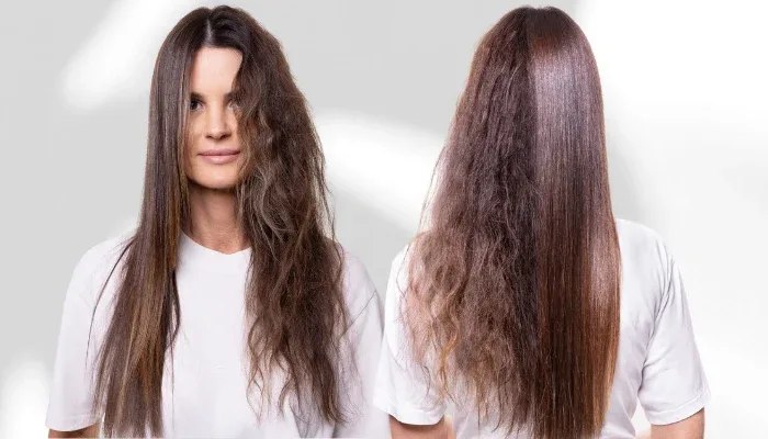 Nanoplasty before and after on long brunette hair, showing reduced frizz and more shine